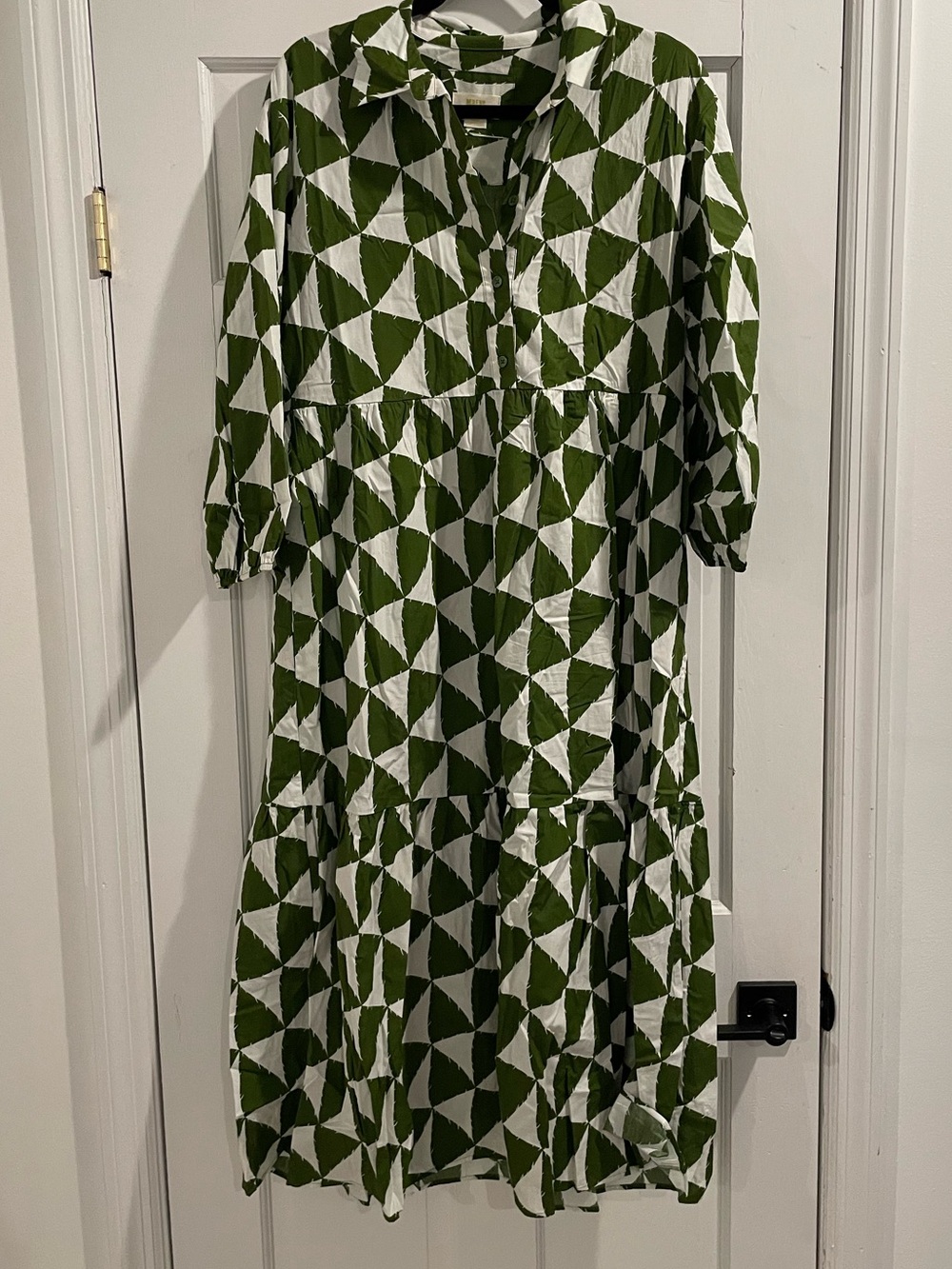 Anthropologie Maeve Bettina Olive Green & White Geometric Shirt Dress